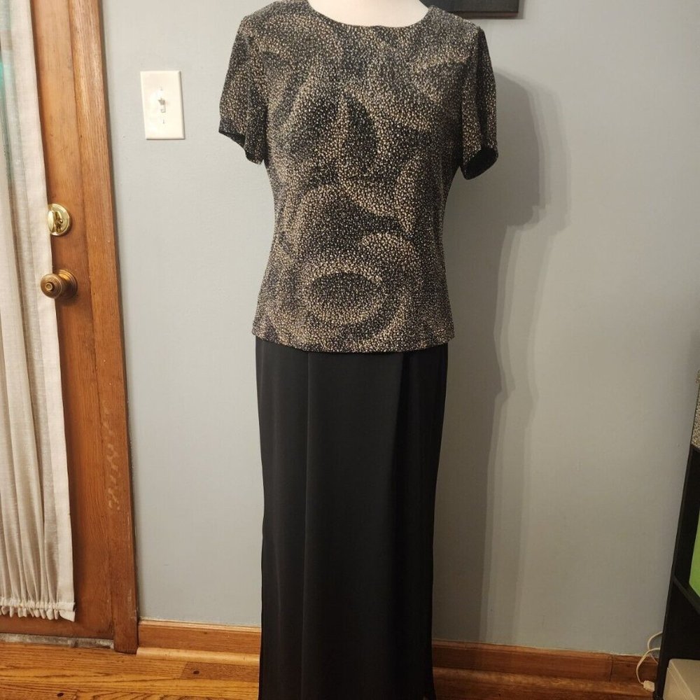 VTG Ultra Dress New York Long Dress Black Brown Metallic Thread Side Slit Size 8